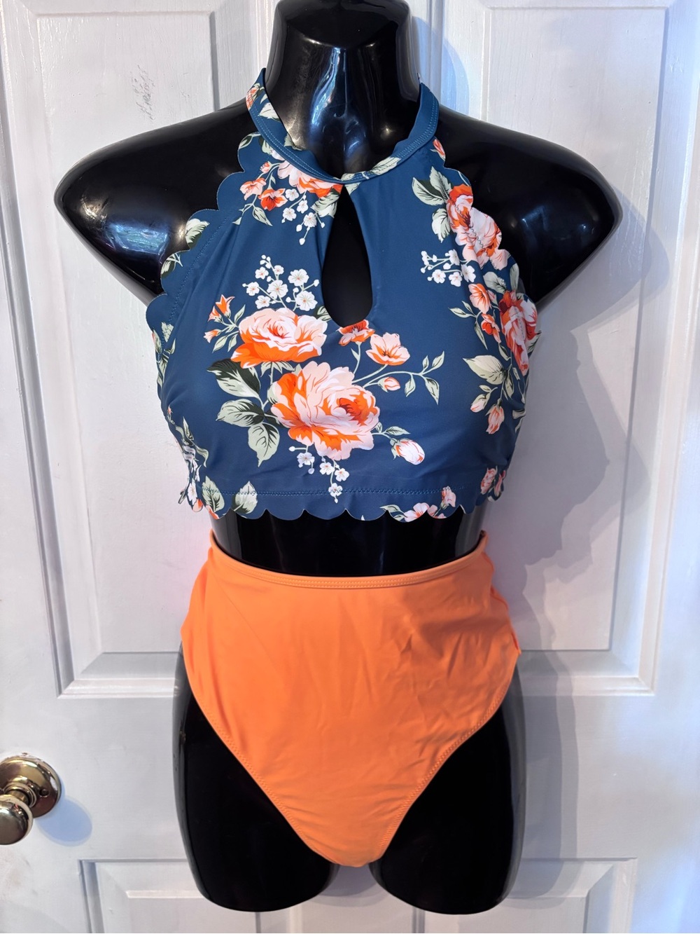 Matching Swim Set Floral Scallop Halter Crop Top - Teal with Orange Roses